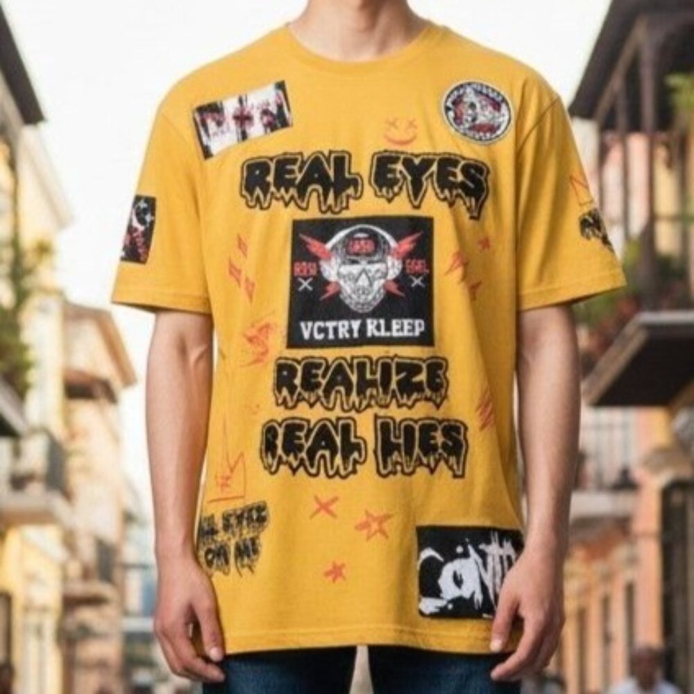 Kleep Mens XL Yellow Short Sleeve Graphic T-Shirt Real Eyes Realize Real Lies St